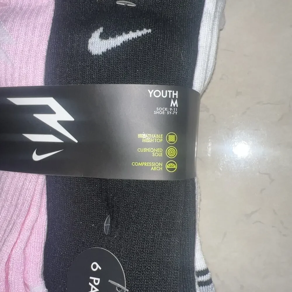Nike Girl 6 Pair Cushioned Ankle Socks ~ Pink, Black, Gray & White YOUTH 5Y-7Y